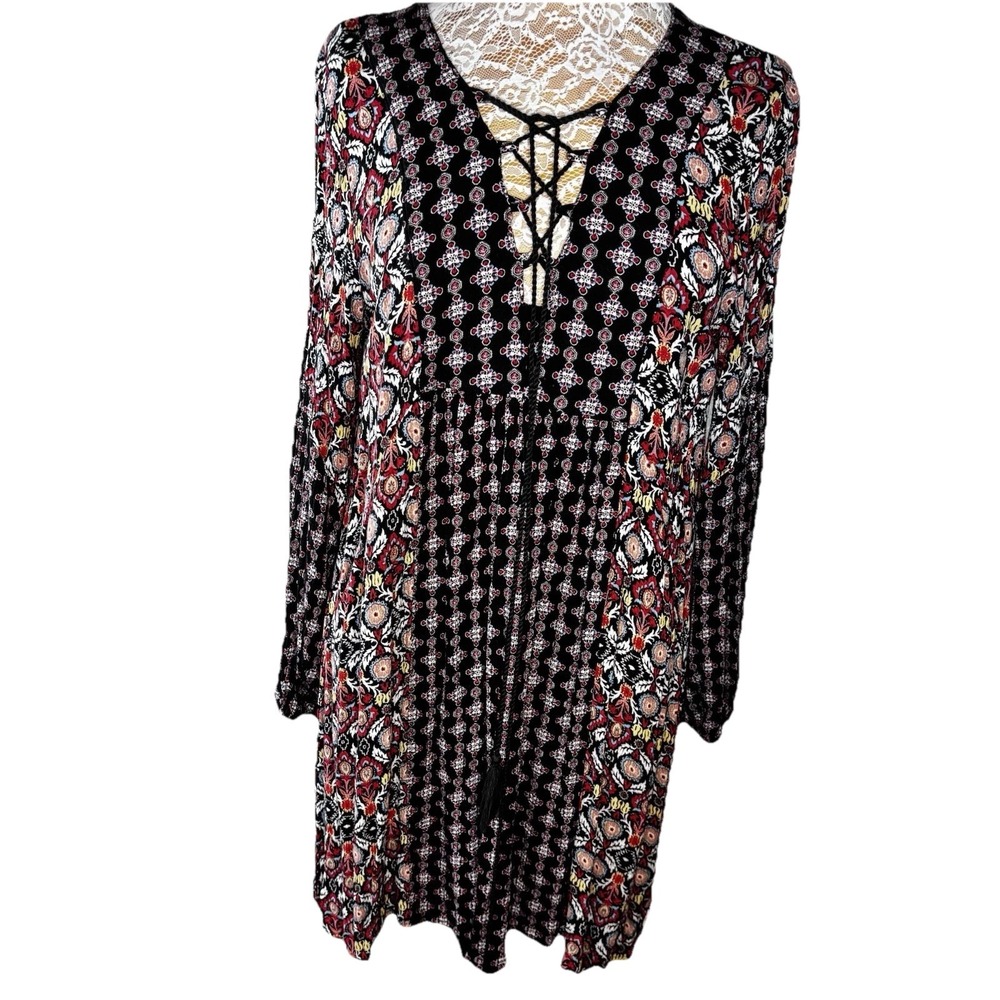 Uncle Frank‎ Anthropologie Tunic Pullover Lace-Up Long Sleeve Rayon Dress L Boho